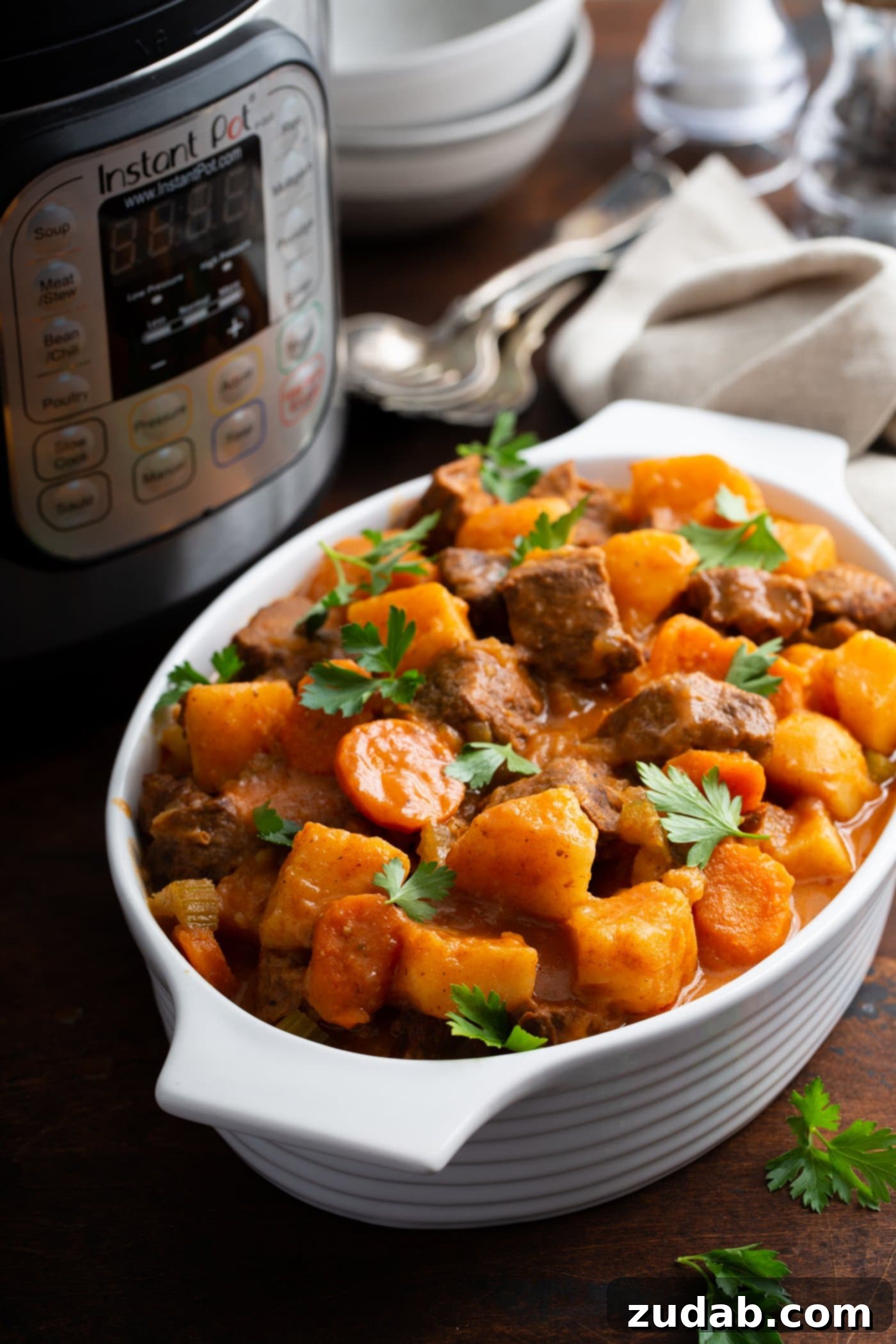 Instant Pot Beef Stew A serving bowl of beef stew. There are chunks of beef, potatoes, carrots, and celery in a brown gravy. Fresh parsley leaves are sprinkled on top. an instant pot and a few spoons are in the background.