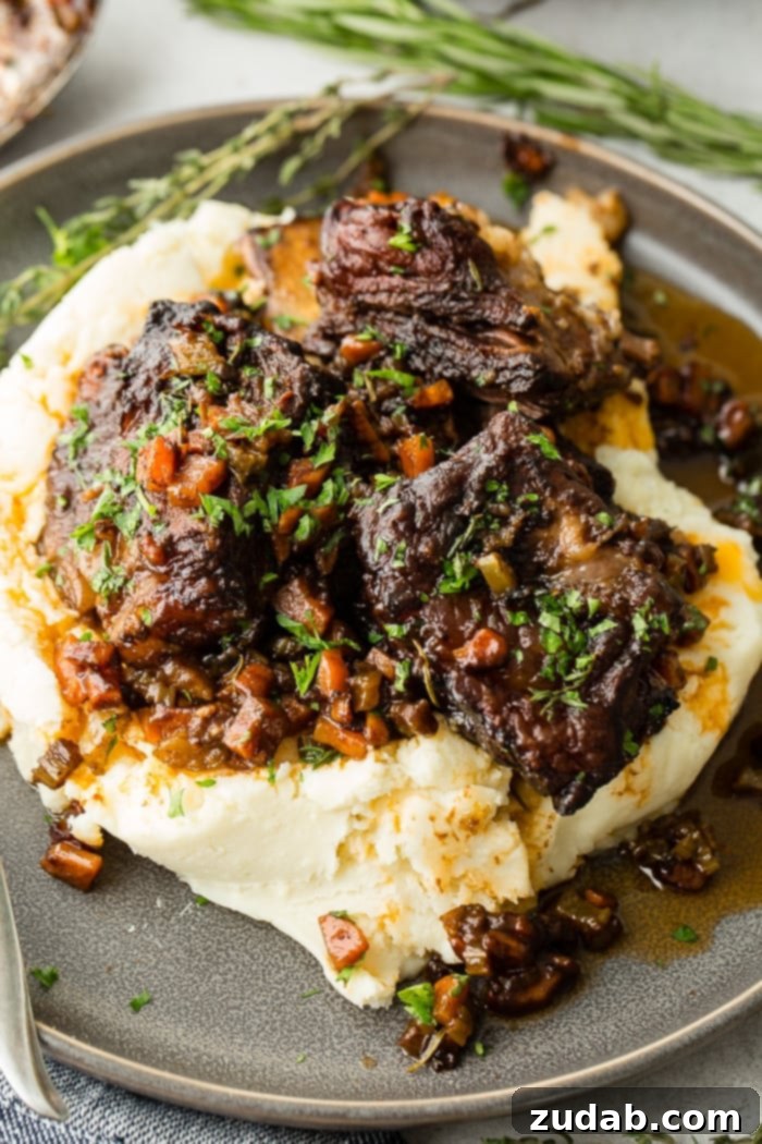Melt-in-Your-Mouth Oven Braised Short Ribs 2 A dark grey plate with a pile of creamy mashed potatoes with fall apart braised beef short ribs and fresh parsley