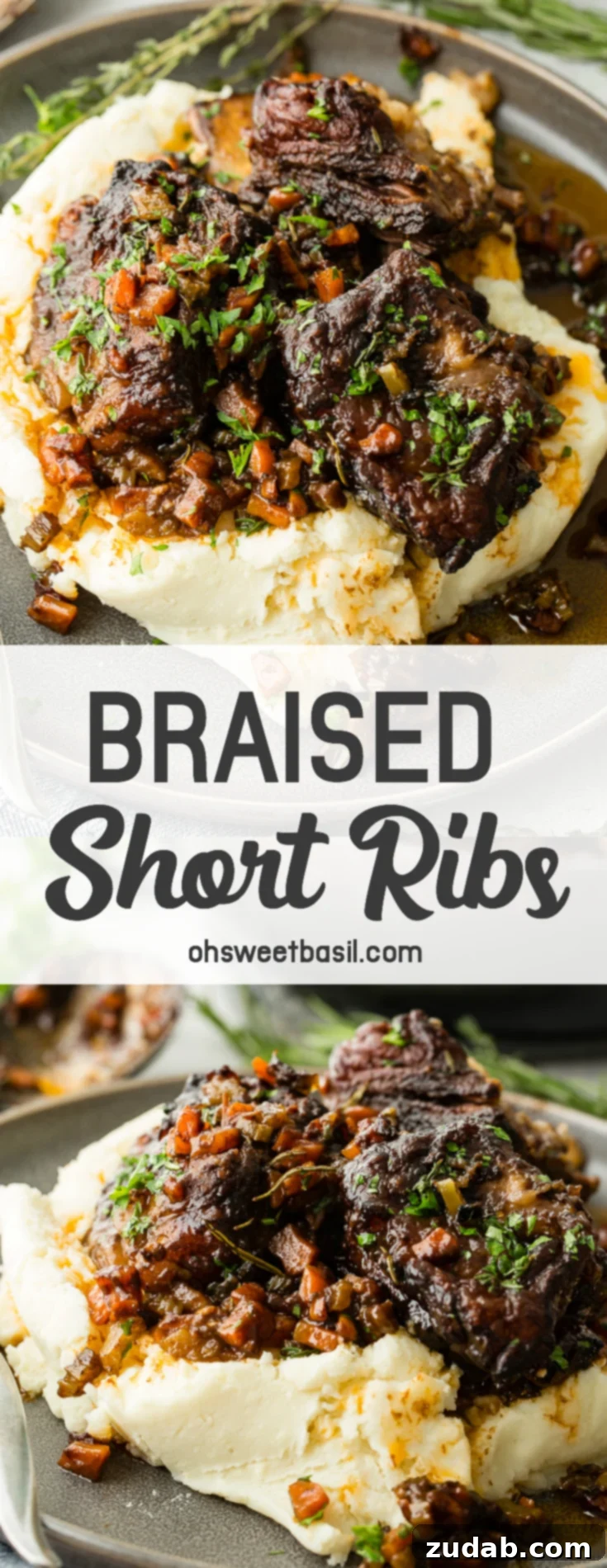 Melt-in-Your-Mouth Oven Braised Short Ribs 9 A dark grey plate with a pile of creamy mashed potatoes with fall apart braised beef short ribs and fresh parsley