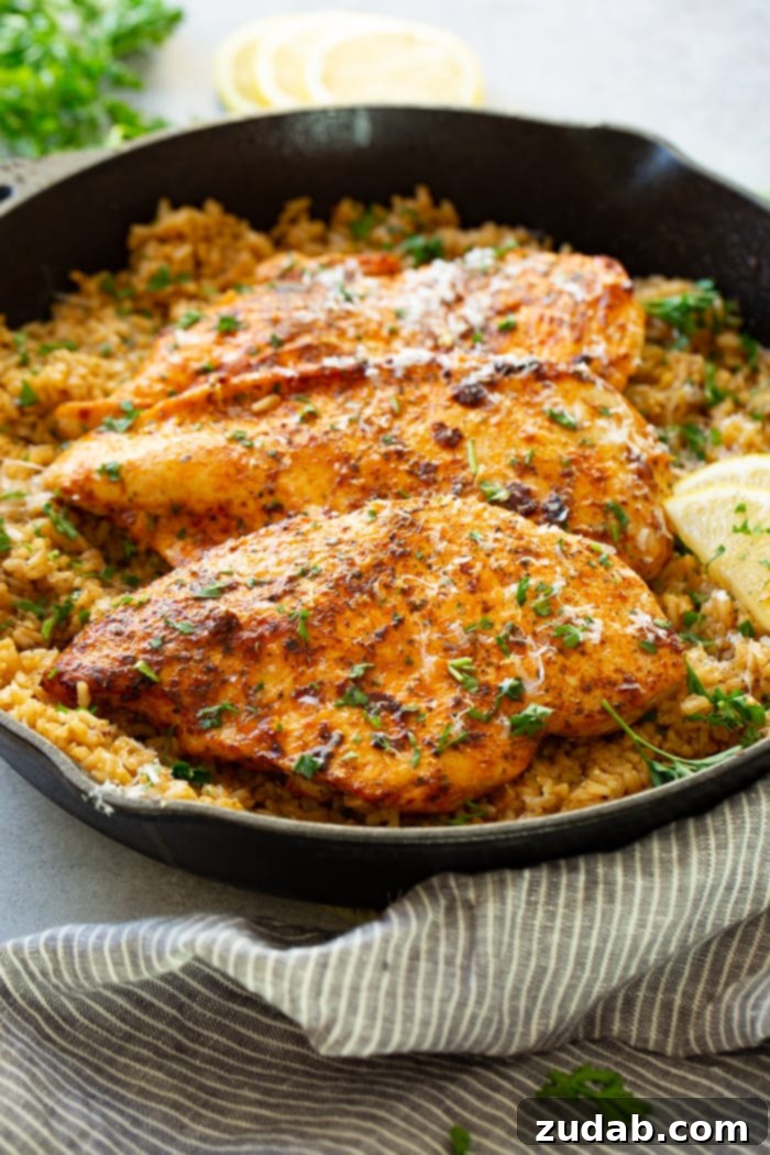 Golden Garlic Parmesan Chicken with Zesty Lemon Rice 2 A cast iron pan filled with golden Garlic Parmesan Chicken and fluffy Lemon Rice, garnished with fresh parsley.