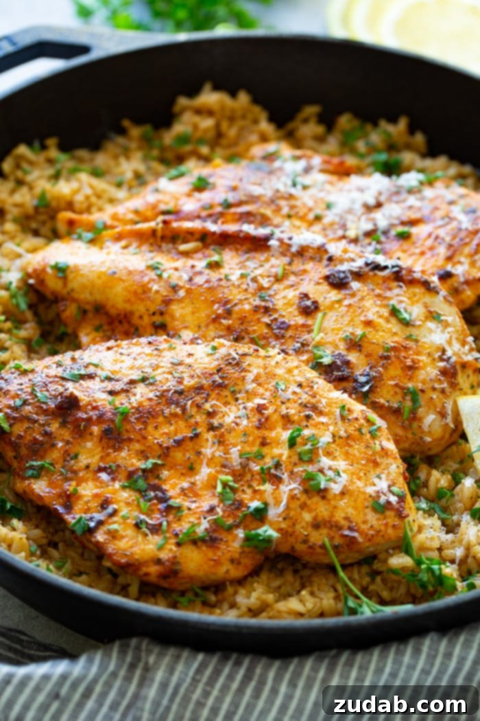 Golden Garlic Parmesan Chicken with Zesty Lemon Rice 3 A top-down view of a cast iron pan filled with golden Garlic Parmesan Chicken, garnished with fresh herbs and lemon wedges, ready to be served.