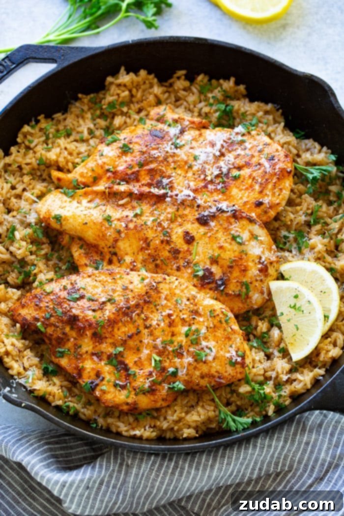 Golden Garlic Parmesan Chicken with Zesty Lemon Rice 4 Close-up of a serving of juicy Garlic Parmesan Chicken with vibrant Lemon Rice and fresh parsley.