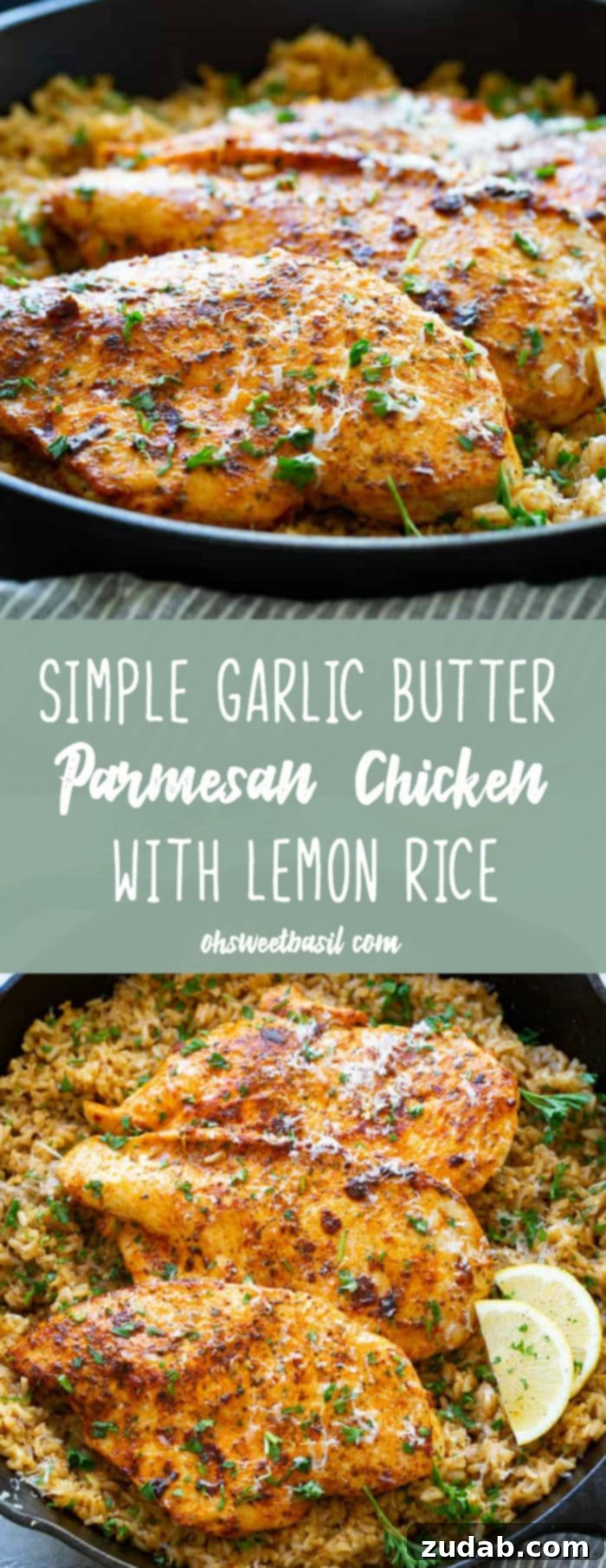Golden Garlic Parmesan Chicken with Zesty Lemon Rice 7 A beautifully plated serving of Garlic Parmesan Chicken with Lemon Rice, showing a close-up of the perfectly cooked chicken and rice, ready to be enjoyed.