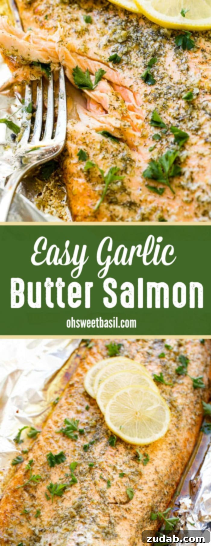 Perfect Garlic Butter Salmon 9 A photo of a baked salmon filet sitting in aluminum foil garnished with fresh parsley and for lemon slices