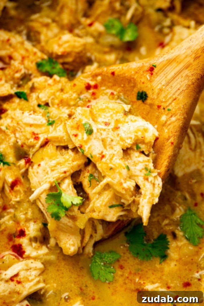 Tangy Pineapple Mexican Shredded Chicken for Instant Pot and Slow Cooker 4 a slow cooker full of shredded chicken in a salsa verde pineapple sauce