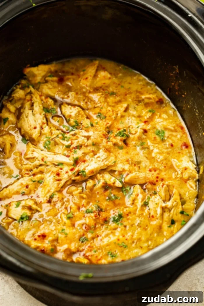 Tangy Pineapple Mexican Shredded Chicken for Instant Pot and Slow Cooker 5 a slow cooker full of shredded chicken in a salsa verde pineapple sauce