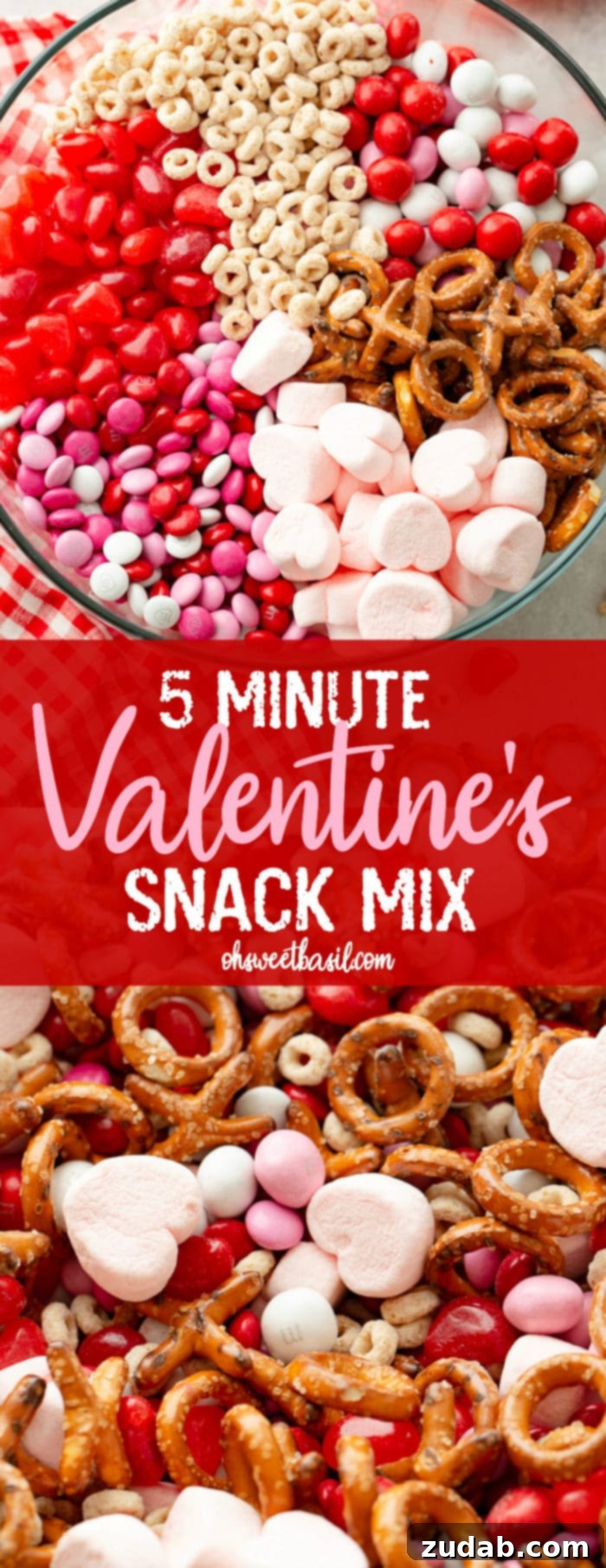 5-Minute Valentine's Treat Mix 9 A large glass bowl overflowing with a vibrant and delicious 5-Minute Valentine's Snack Mix, perfect for any festive occasion, showcasing the blend of frosted Cheerios, colorful M&Ms, X and O pretzels, heart marshmallows, and Starburst jelly beans.