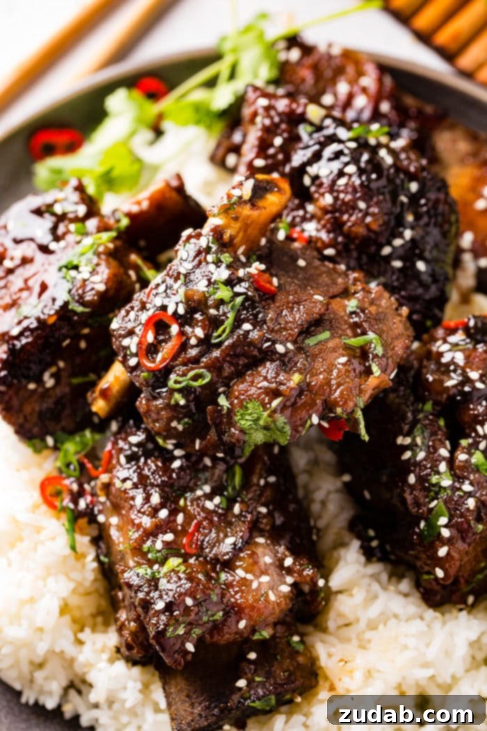 Tender Oven Braised Korean Beef Short Ribs 4 A photo of braised short ribs garnished with sesame seeds, cilantro, green onion and red chile peppers on top of white rice on a gray plate.