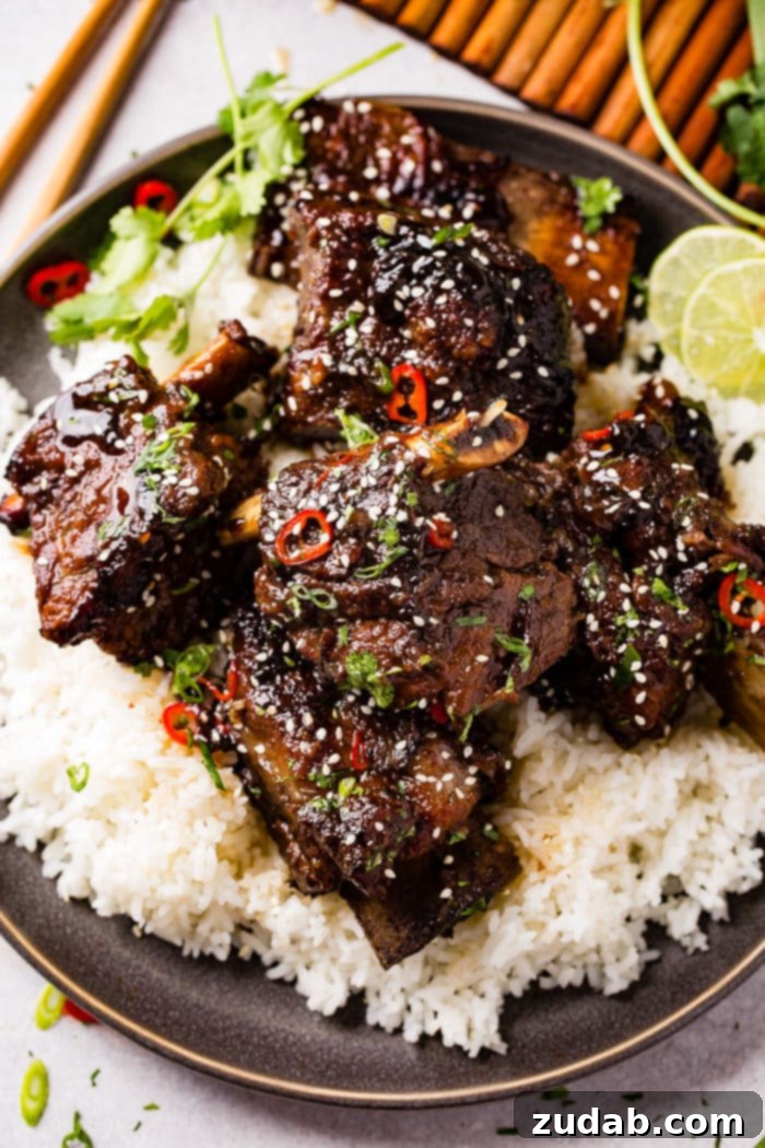 Tender Oven Braised Korean Beef Short Ribs 6 A photo of braised short ribs garnished with sesame seeds, cilantro, green onion and red chile peppers on top of white rice on a gray plate.