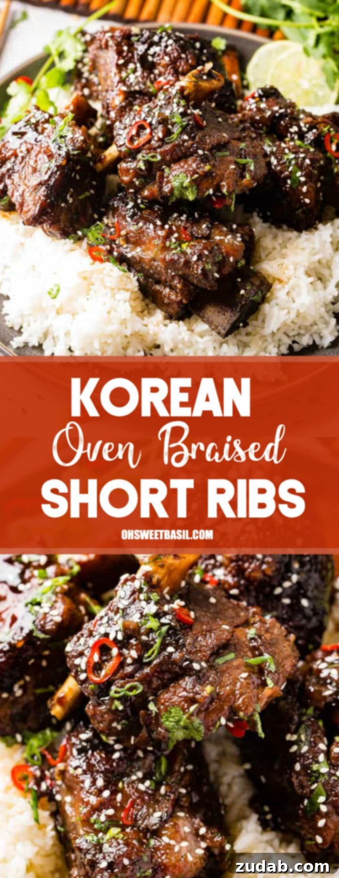 Tender Oven Braised Korean Beef Short Ribs 9 A photo of braised short ribs garnished with sesame seeds, cilantro, and red peppers on top of white rice on a gray plate.