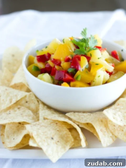 Embrace Everyday Joy 3 A close-up of a serving of vibrant peach pineapple salsa with various fresh ingredients visible.