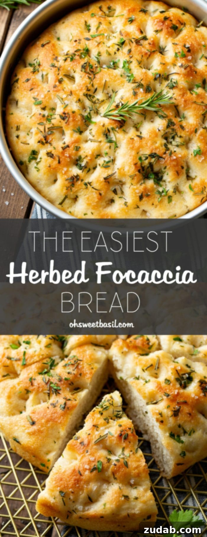 Effortless Aromatic Focaccia Bread 9 A photo of a perfectly golden, dimpled round focaccia bread loaf, heavily topped with fresh rosemary, thyme, and sparkling sea salt flakes, sitting in a silver baking pan. The rustic texture and vibrant herbs are in sharp focus.