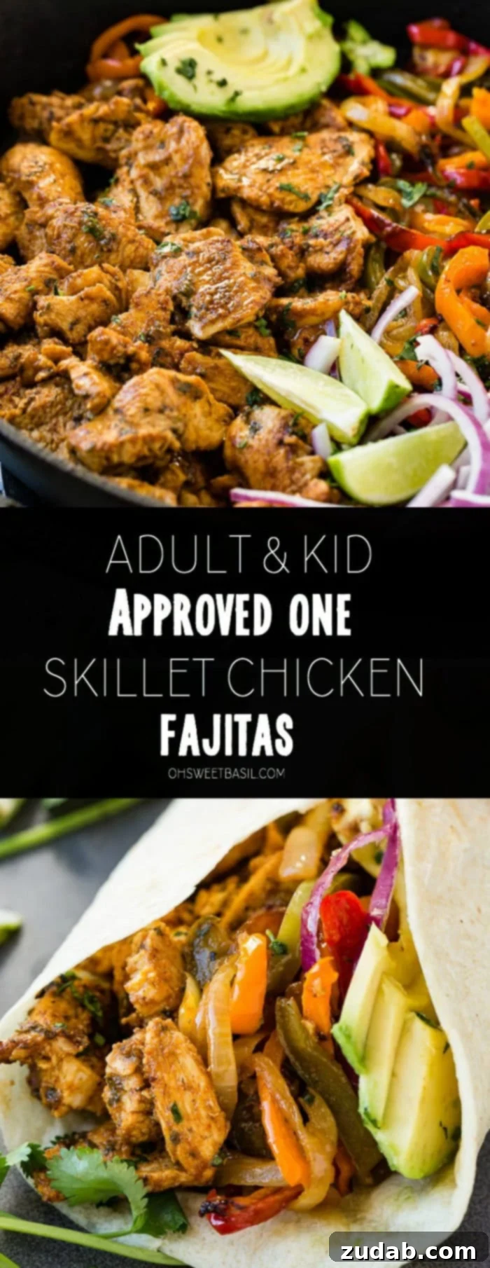 Family-Friendly One-Skillet Chicken Fajitas 10 A photo of a cast iron skillet full of chicken fajita filling - cooked chicken, sauteed peppers and onions, lime wedges, sliced purple onion, and sliced avocados.