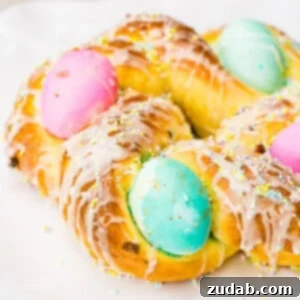 Italian Easter Bread with colorful eggs