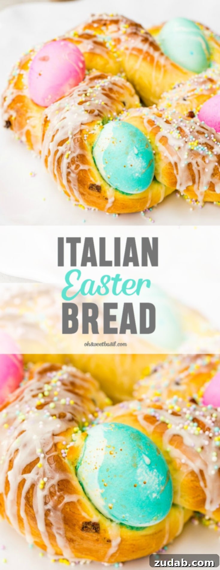 Sweet Italian Easter Bread 6 A close-up of a slice of Italian Easter bread, showing its fluffy texture and the sweet glaze and sprinkles.