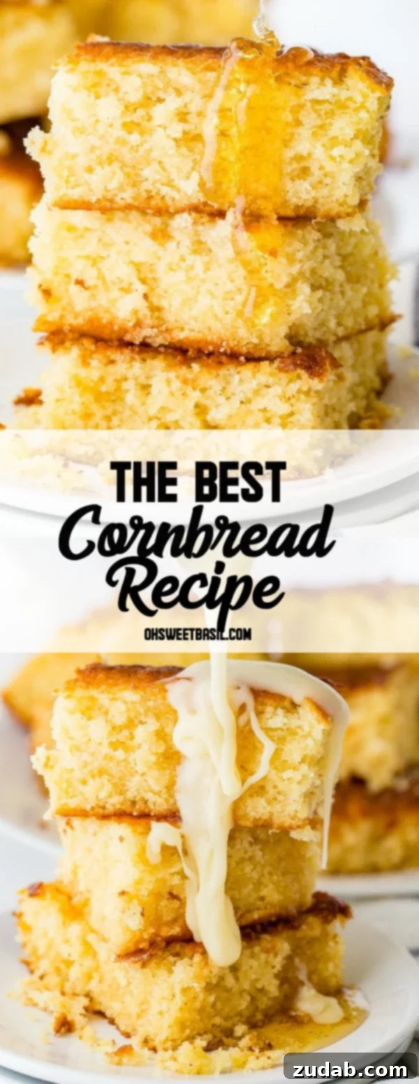 The Ultimate Moist and Sweet Cornbread Recipe with Video 8 A photo of someone holding a piece of homemade sweet cornbread with honey butter dripping off it, emphasizing its moist texture.