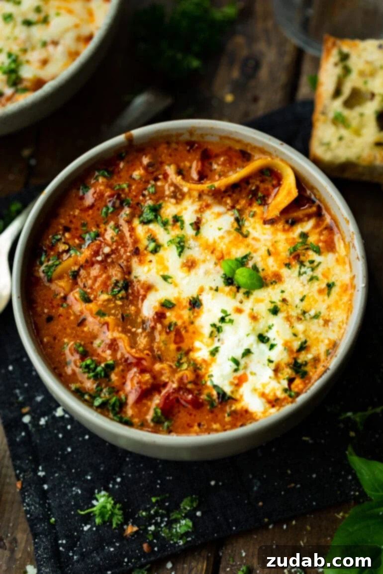 Delicious Lasagna Soup Recipe 9 A beautiful bowl of lasagna soup, generously topped with melted cheese and a scattering of fresh chopped herbs.