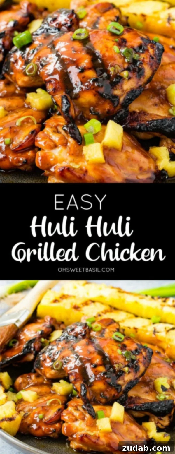 Easy Huli Huli Grilled Chicken Video Guide 7 A photo of grilled huli huli chicken with grilled pineapple in the background.