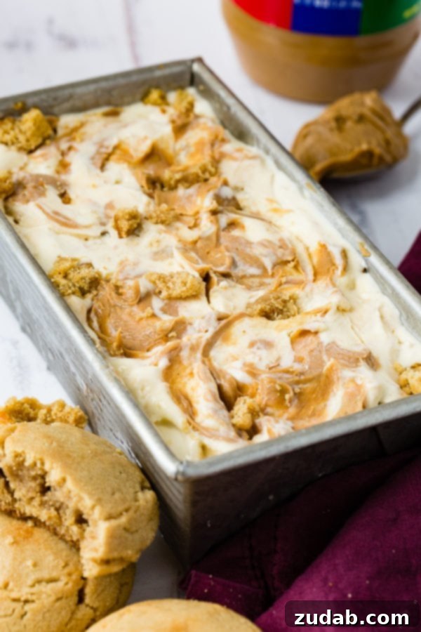 Ultimate Peanut Butter Cookie Ice Cream 5 A photo of a pan of homemade peanut butter cookie ice cream drizzled with creamy peanut butter one top and full of cookie chunks.