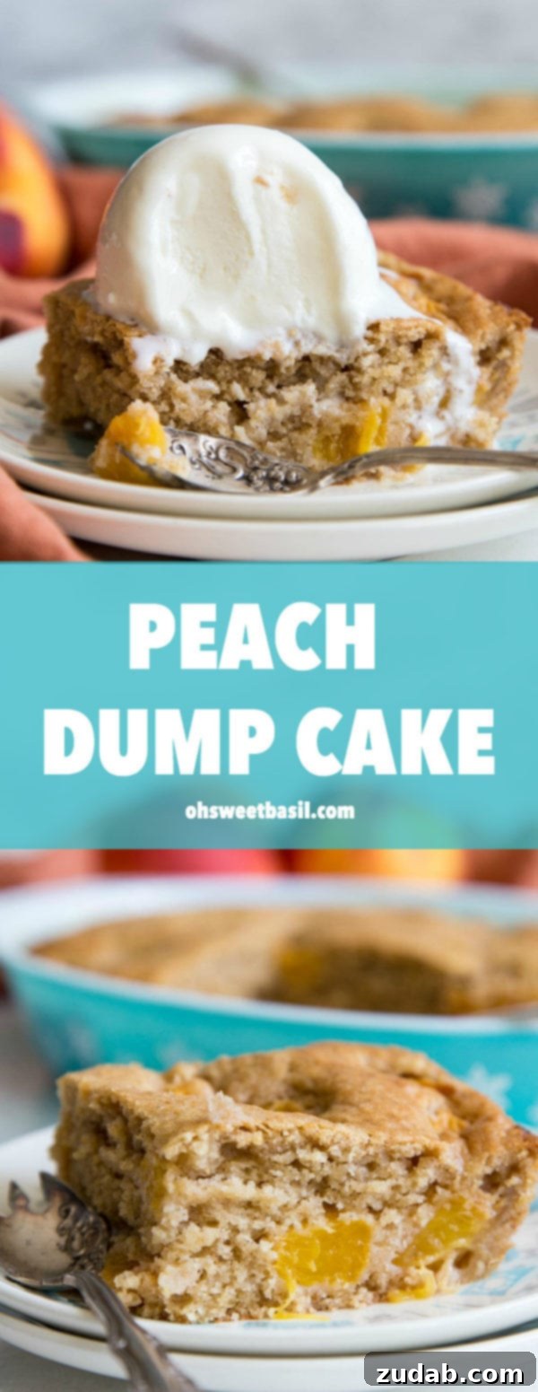 Golden Peach Butter Cake 7 A large slice of peach dump cake on a plate with melted vanilla ice cream