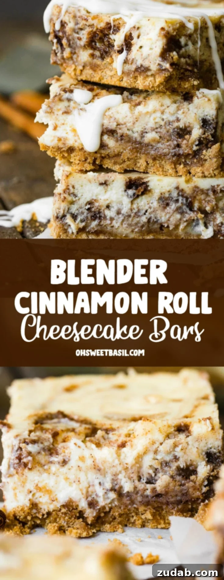 Easy Blender Cinnamon Roll Cheesecake Bars 4 A photo of three cinnamon roll cheesecake bars stacked on top of each other, showcasing their layers and deliciousness.