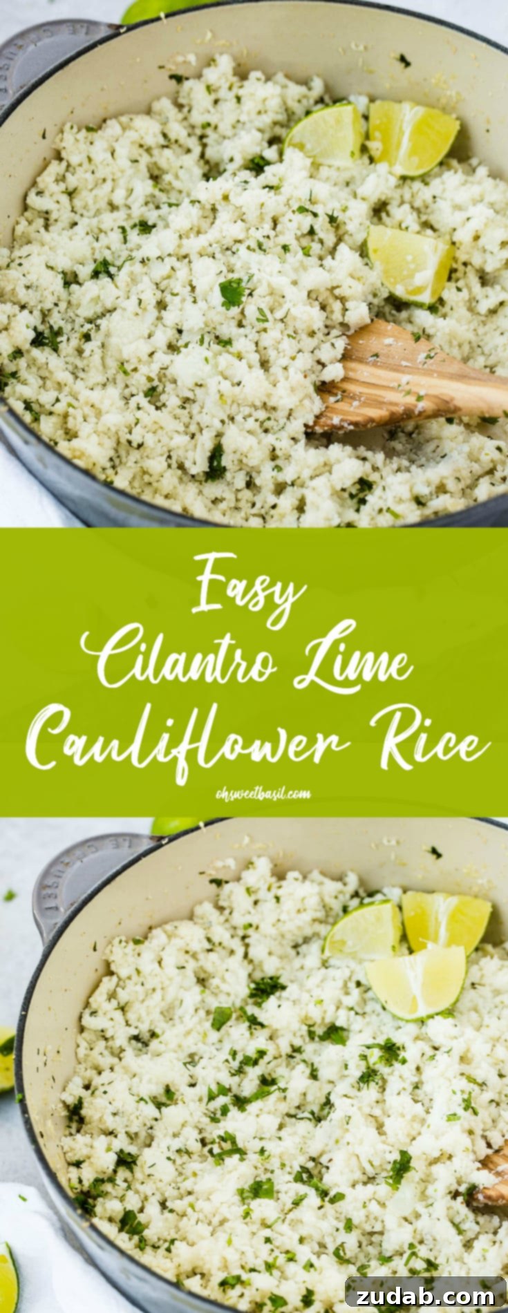Zesty Cilantro Lime Cauliflower Rice 3 A beautiful overhead shot of a pot full of cilantro lime cauliflower rice, topped with vibrant lime wedges, inviting viewers to savor the freshness.
