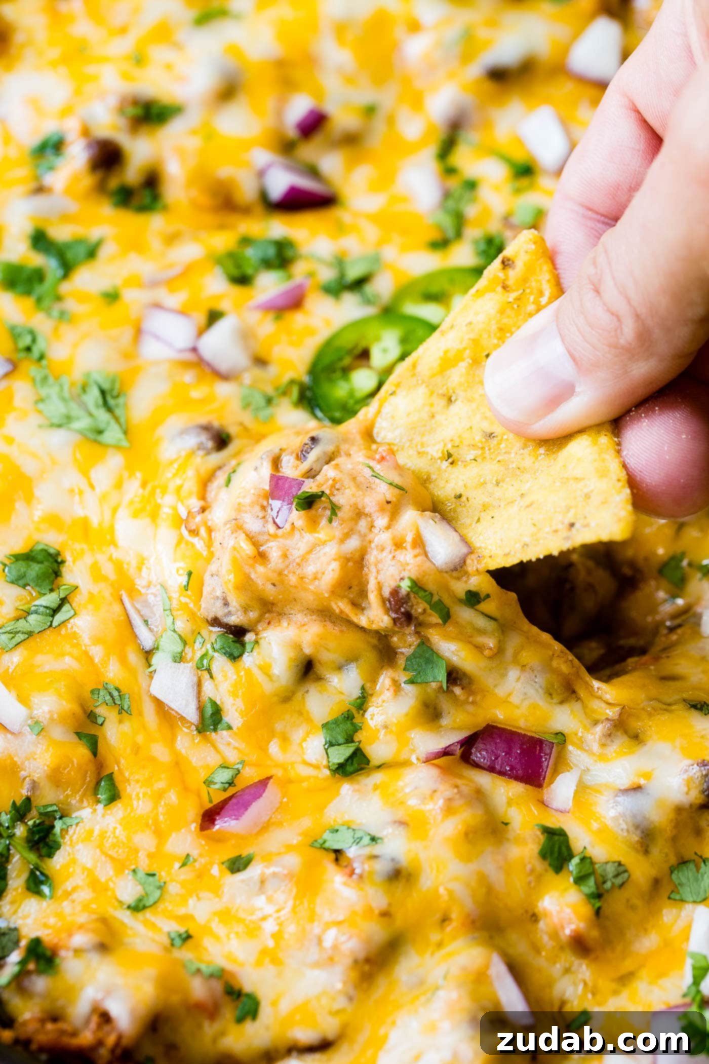 Easy One Skillet Cheesy Black Bean Dip A photo of someone scooping black bean dip out of a skillet with a tortilla chip.
