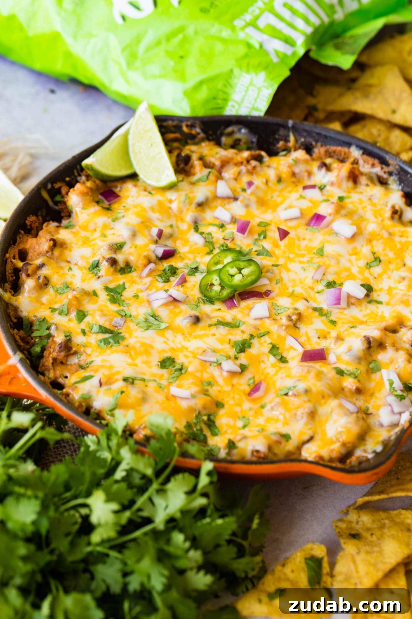 Easy One Skillet Cheesy Black Bean Dip A photo of a cast iron skillet full of black bean dip covered in melted cheese and topped with diced red onion, fresh cilantro, sliced jalapenos and lime wedges.
