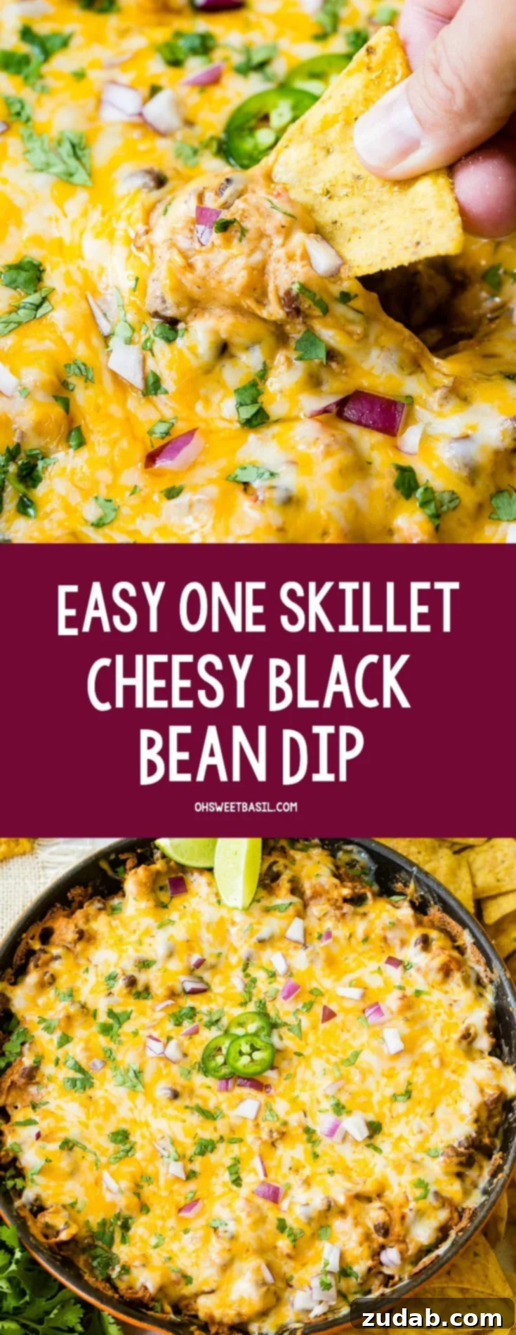 One Pan Cheesy Black Bean Fiesta Dip 2 A photo of someone scooping black bean dip out of a skillet with a tortilla chip.