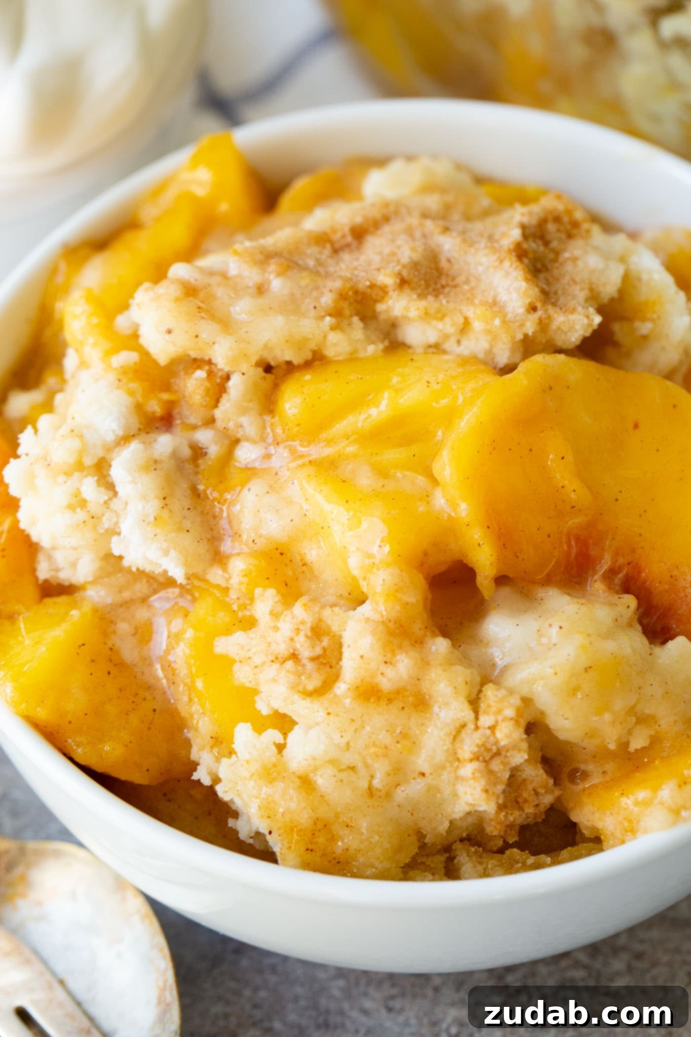 Easy Instant Pot Peach Cobbler with Cake Mix A delectable bowl of Instant Pot Peach Cobbler with a golden, cake mix topping, ready to be enjoyed.