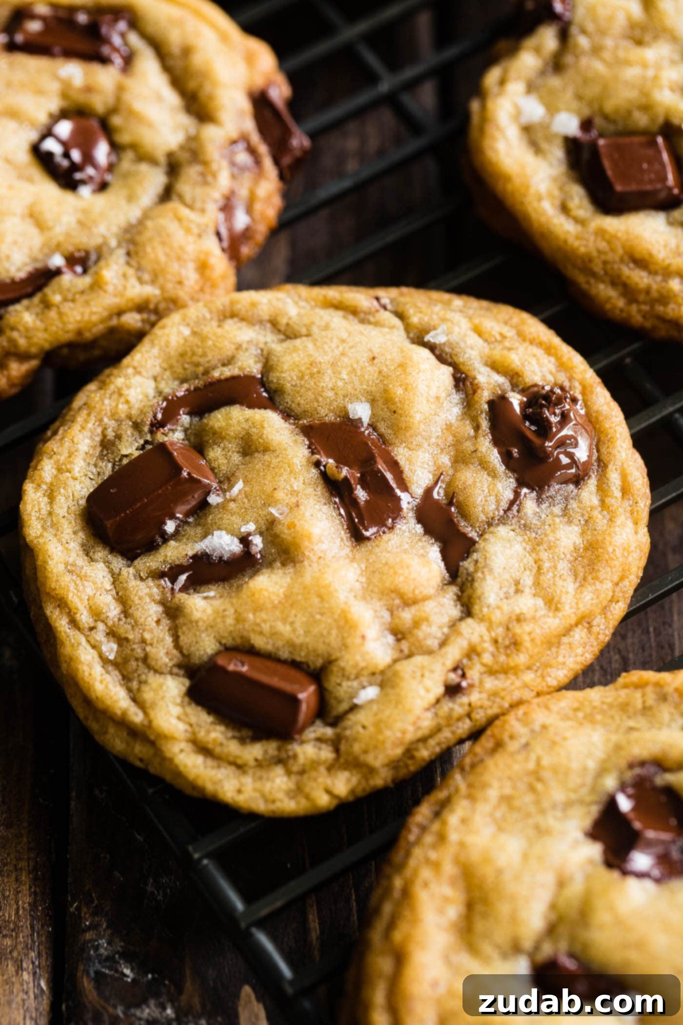Chocolate Lover's Ultimate Chocolate Chip Cookies 2 A perfectly baked chocolate chip cookie featuring large, melted chunks of semi-sweet chocolate and a sprinkle of sea salt.