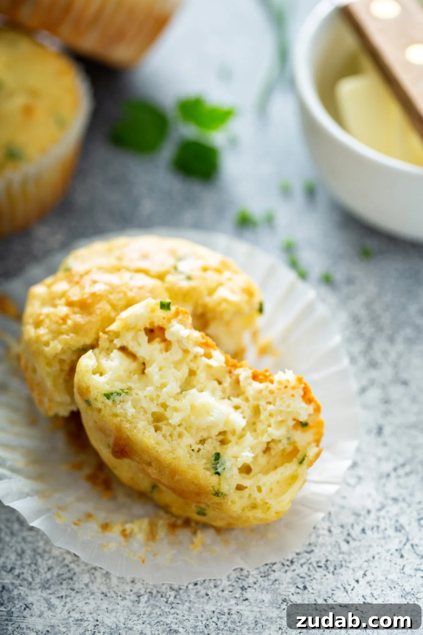 Quick and Easy Feta Muffins A feta muffin laying on a paper muffin liner. The muffin is broken in half and the delicate green herbs are visible. There are parsley leaves, a bowl of butter and other muffins in the background.
