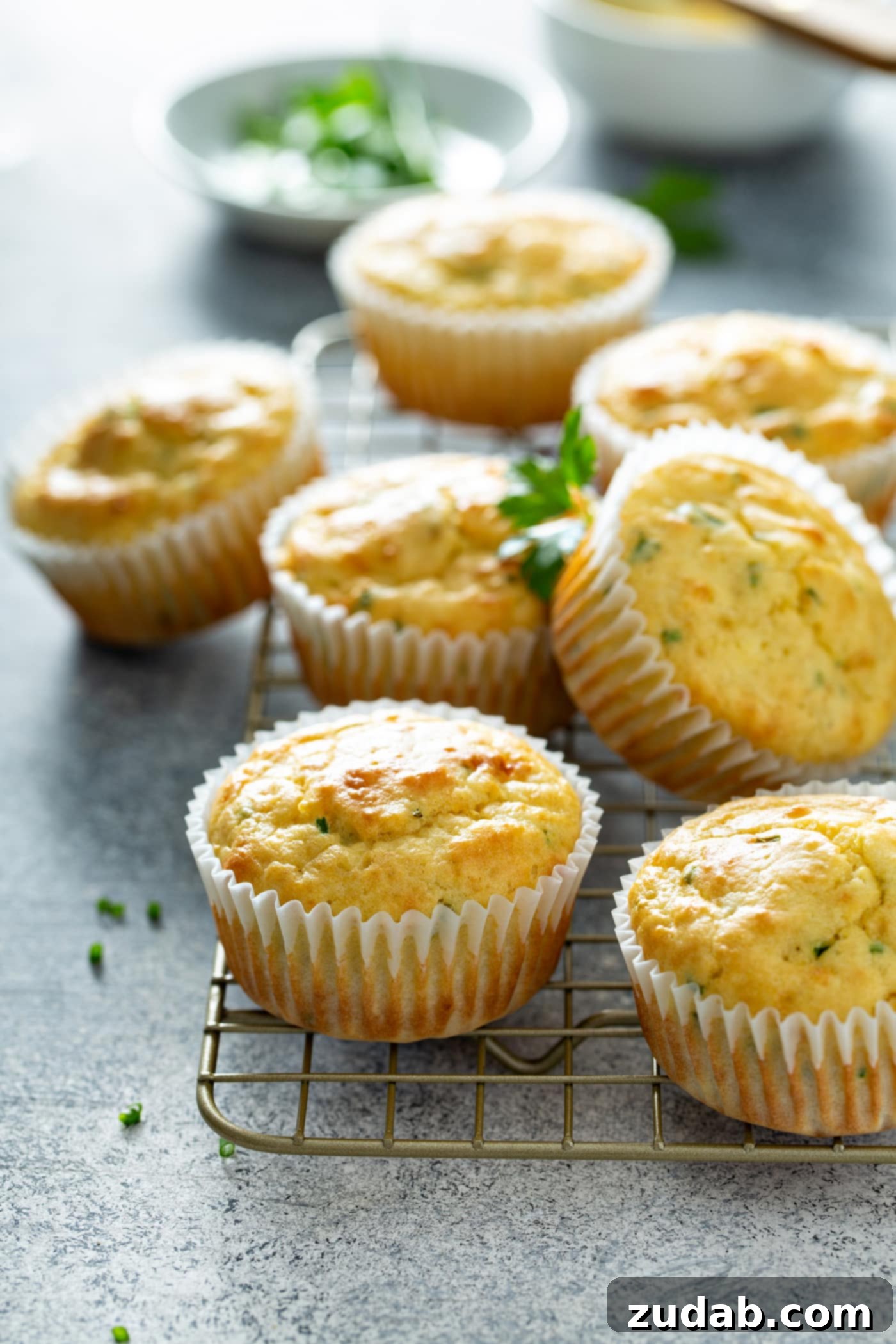 Quick and Easy Feta Muffins Seven feta muffins on a cooling rack.