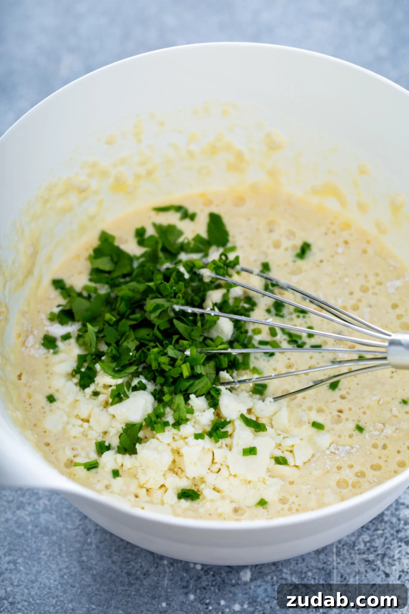 Quick and Easy Feta Muffins A muffin batter in a bowl with a whisk and copped parsley and chives.