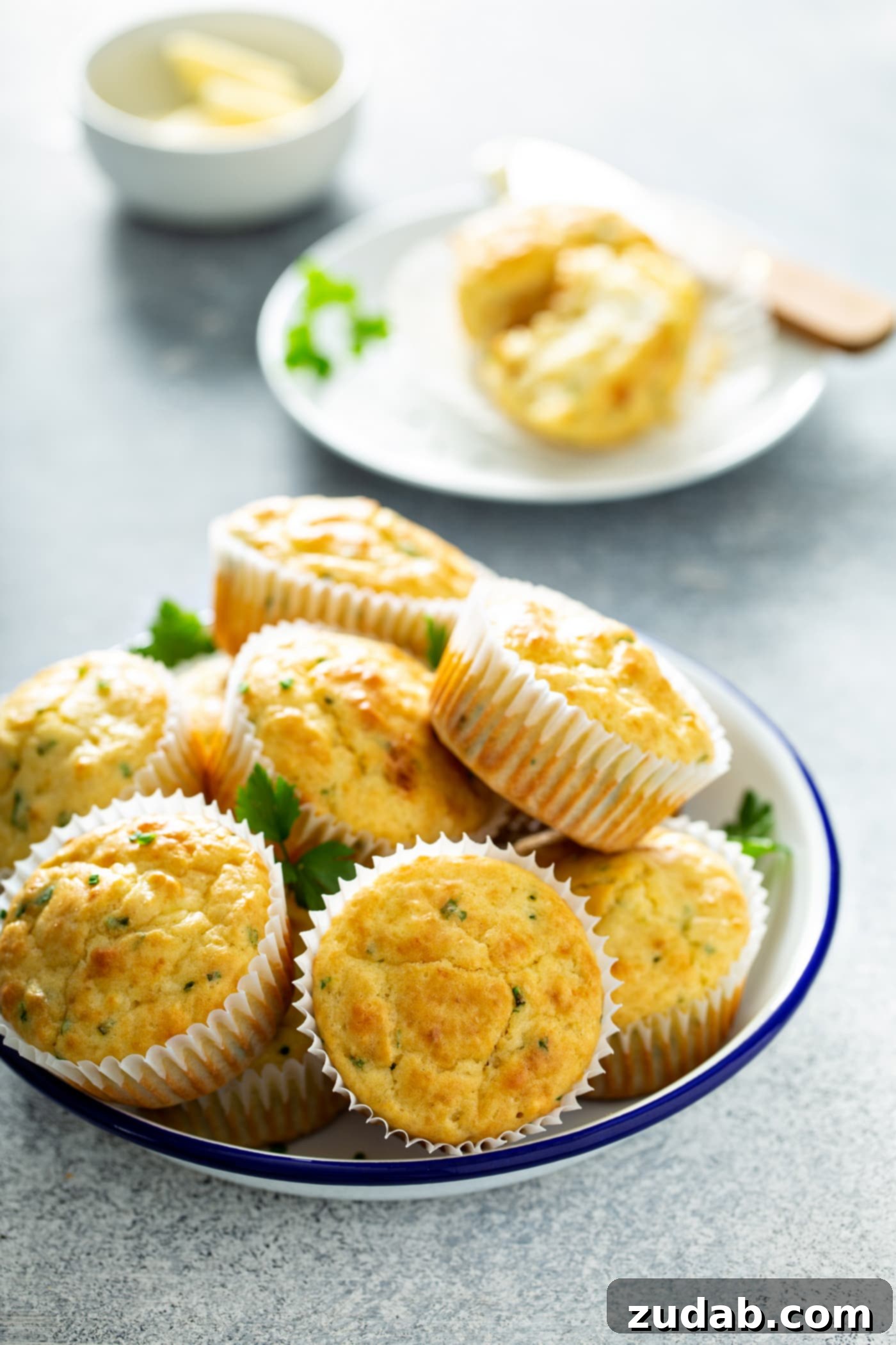 Quick and Easy Feta Muffins A serving bowl of feta muffins stacked on top of each other.