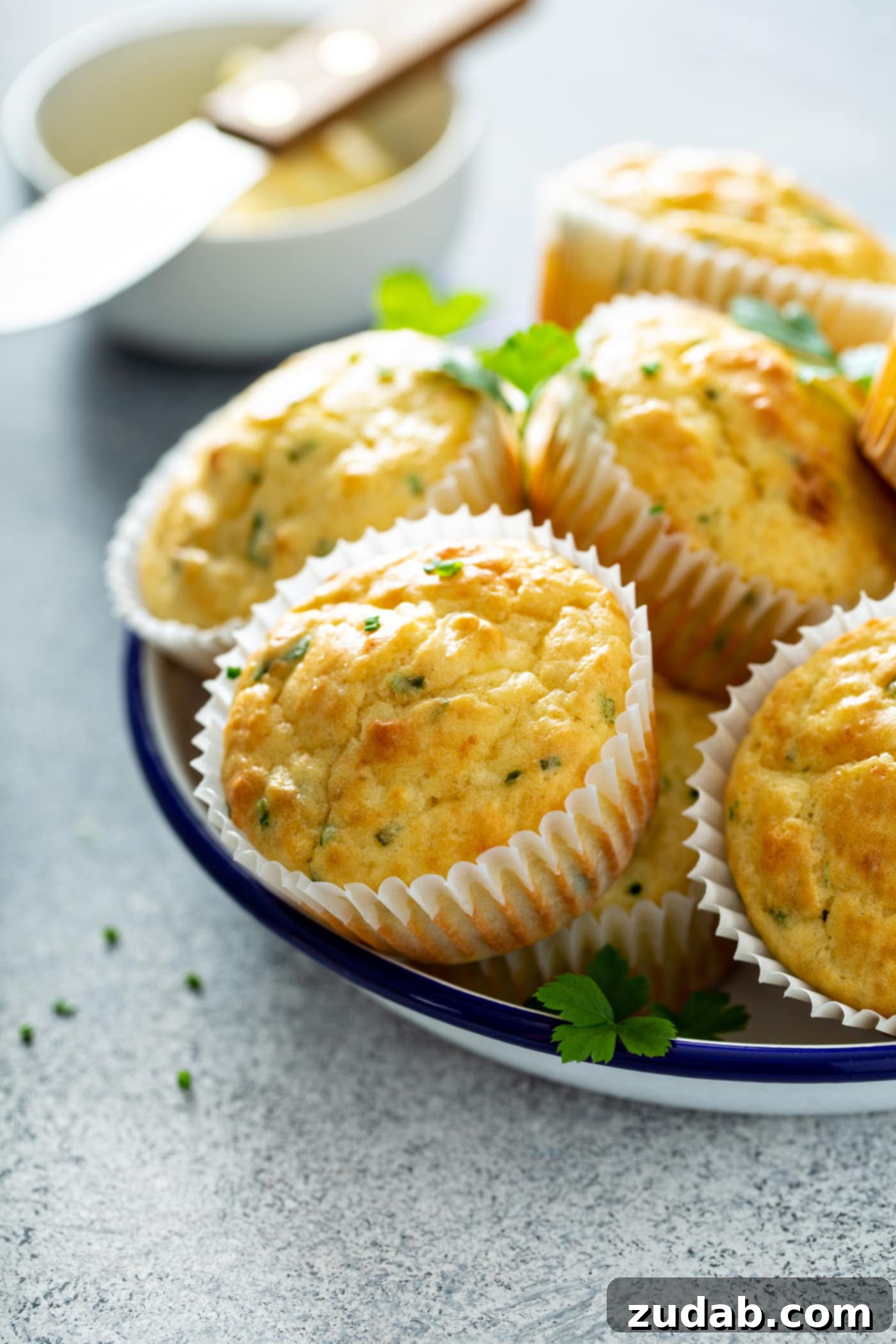 Quick and Easy Feta Muffins A plate of feta muffins in white paper muffin liners. There are a few parsley leaves on top.