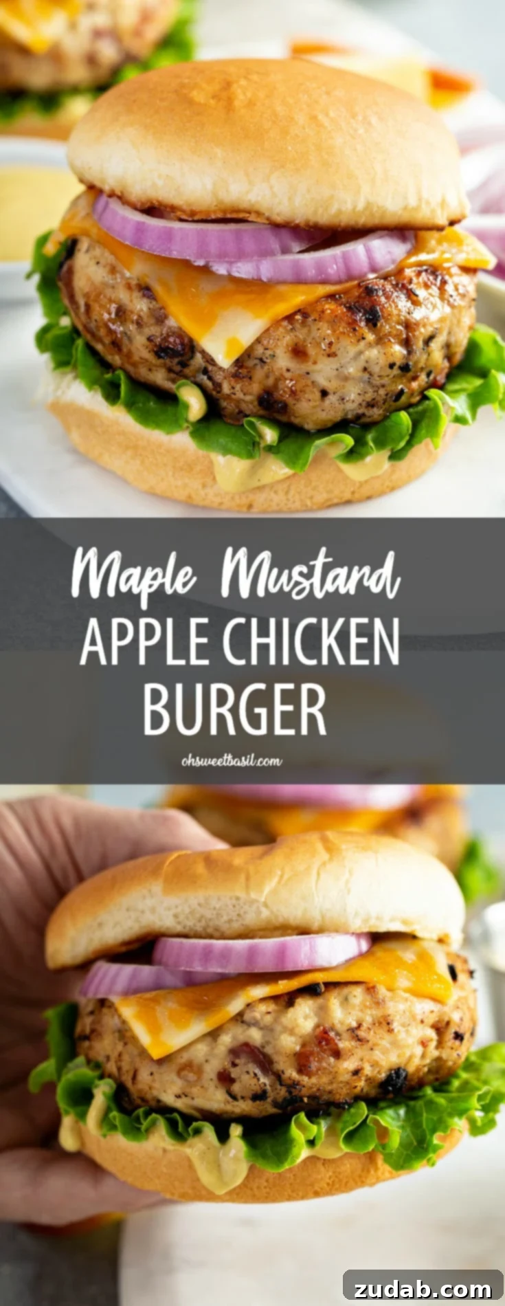 Maple Mustard Apple Chicken Burger 3 A beautifully presented maple mustard apple chicken burger, nestled on a toasted brioche bun, complete with crisp lettuce, melted cheese, and thinly sliced red onions. The burger is the focal point, with a backdrop of artfully arranged sliced red onions, emphasizing its fresh ingredients and appetizing appeal.
