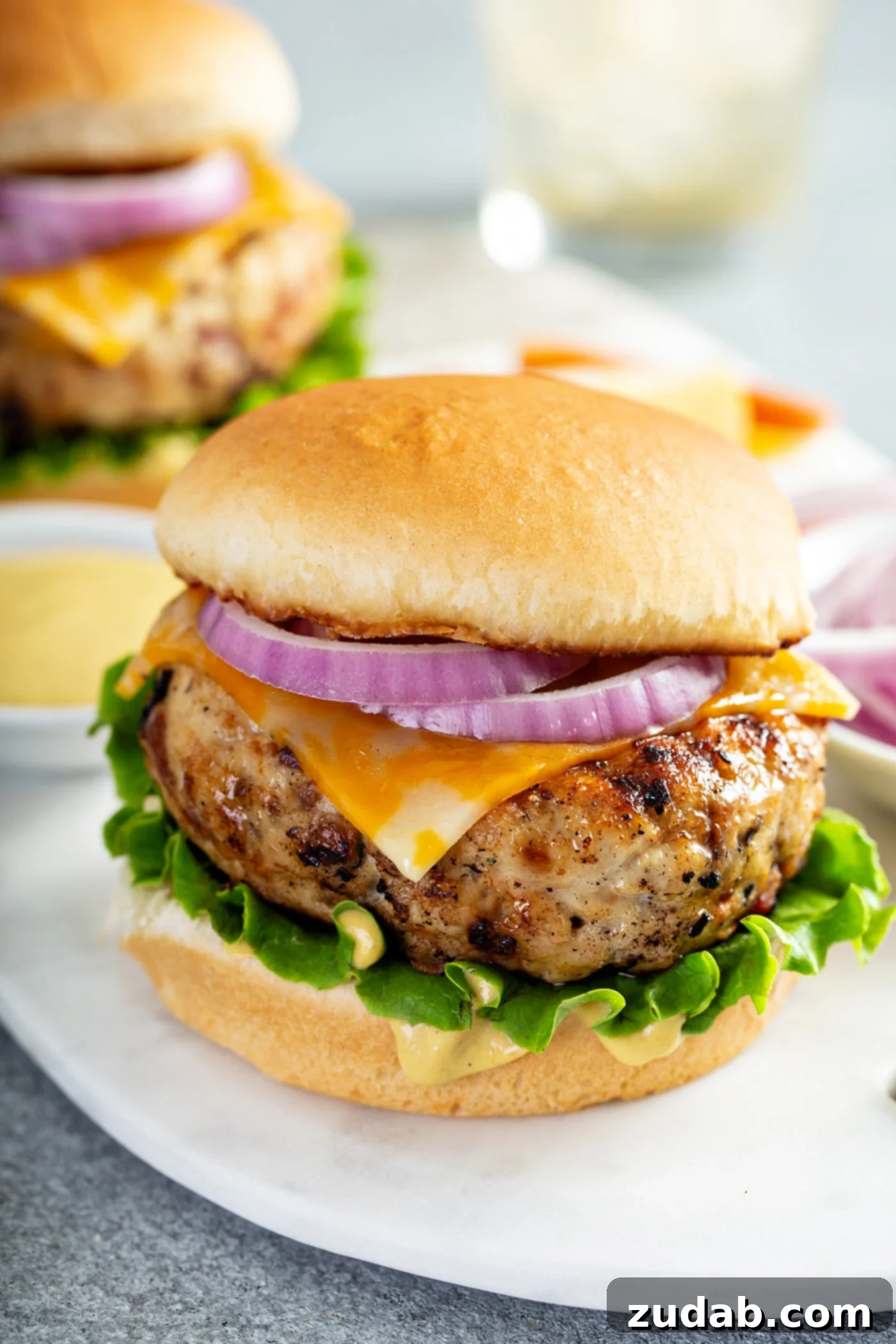 Maple Mustard Apple Chicken Burger A beautifully assembled chicken burger resting on a toasted brioche bun, generously topped with crisp lettuce, melted cheese, and vibrant red onion slices. In the background, another chicken burger is visible, alongside small prep containers holding panko bread crumbs and additional red onions, hinting at the culinary process.