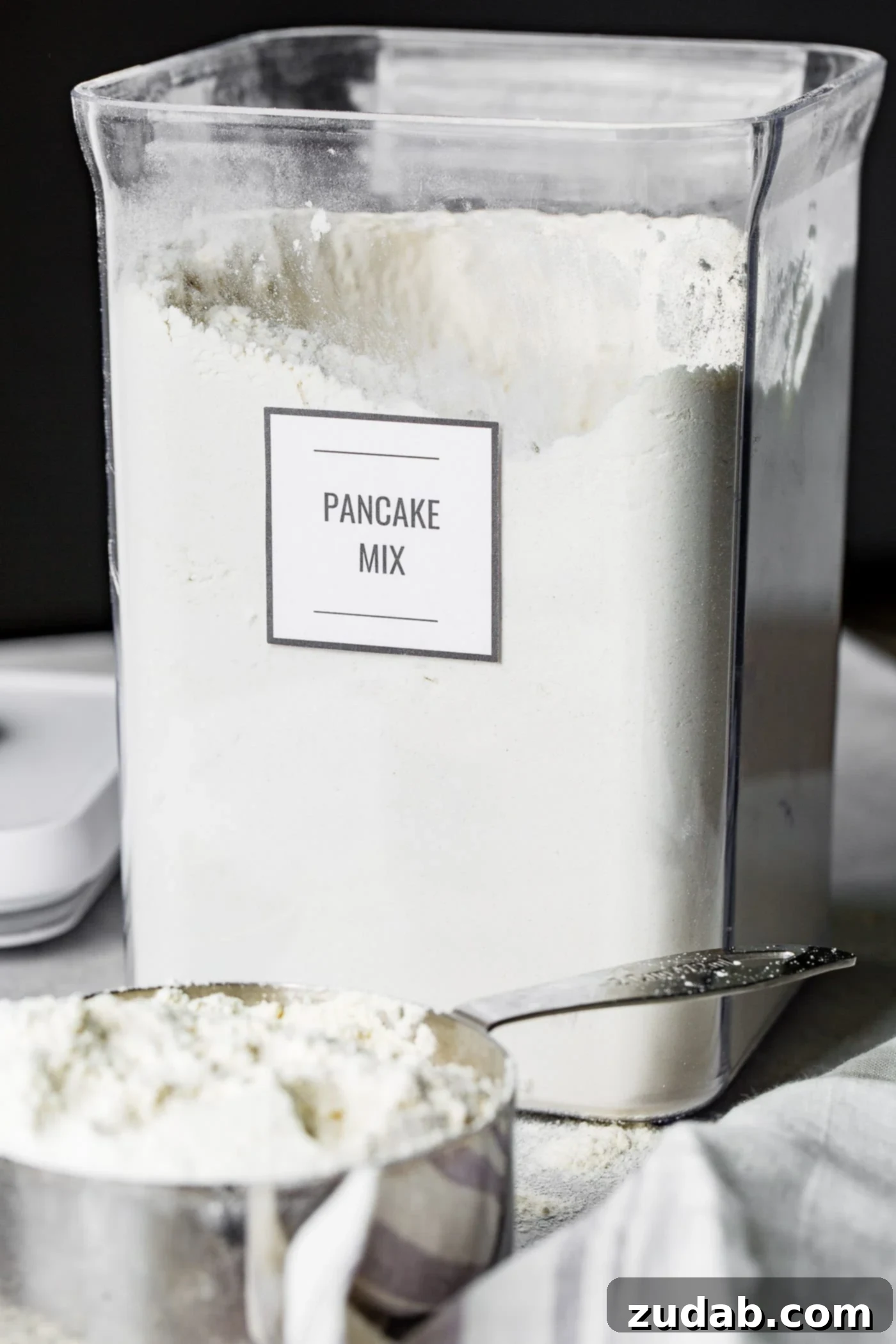 Easy Homemade Pancake Mix Recipe 3 A clear canister containing buttermilk pancake mix. The lid to the canister is laying next to the canister, and a heaping cup of pancake mix is in front of the canister.