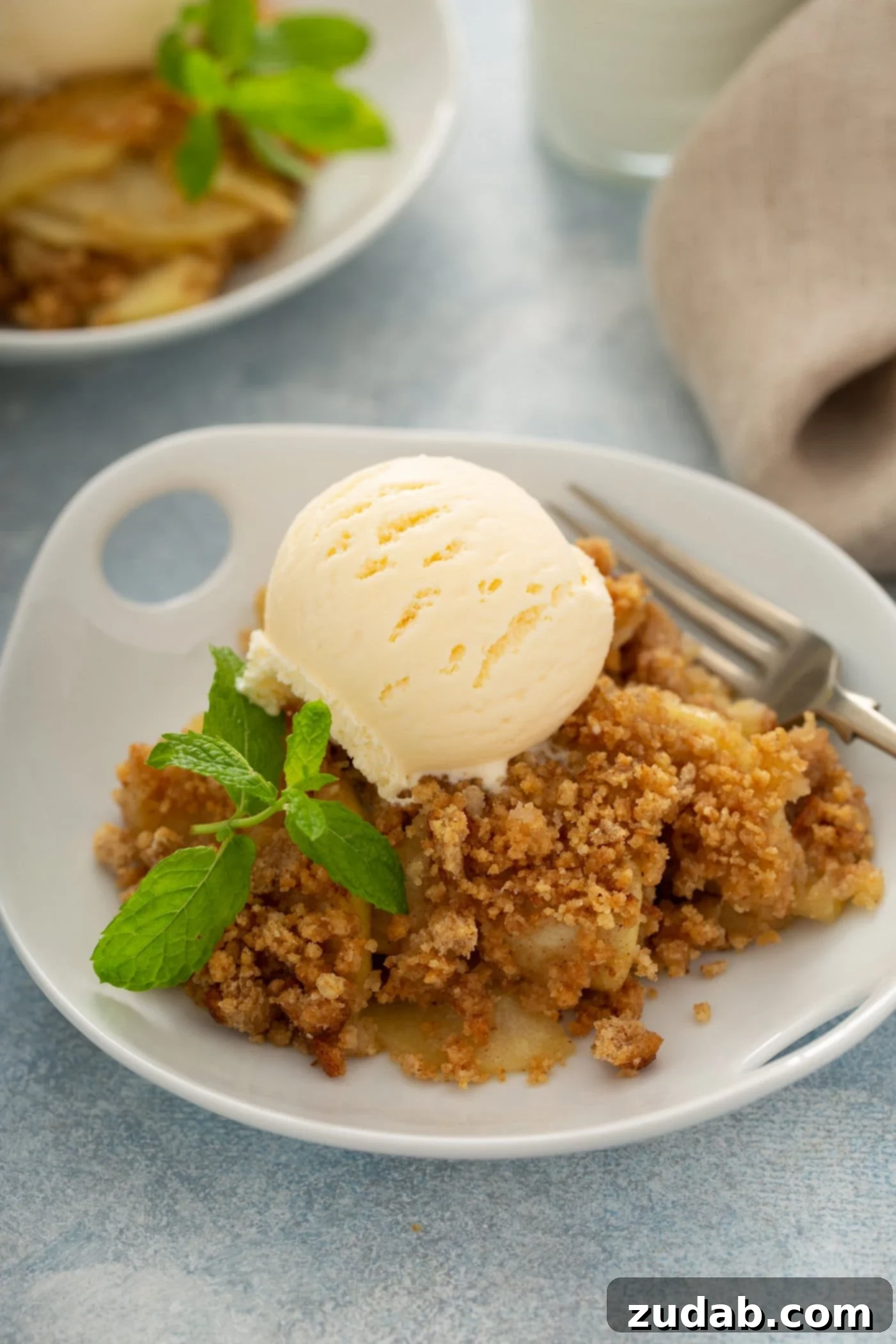 Apple Brown Betty A close-up of a delectable Apple Brown Betty serving on a white dessert plate, topped with a scoop of vanilla ice cream and a fresh sprig of peppermint, with another serving in the background.