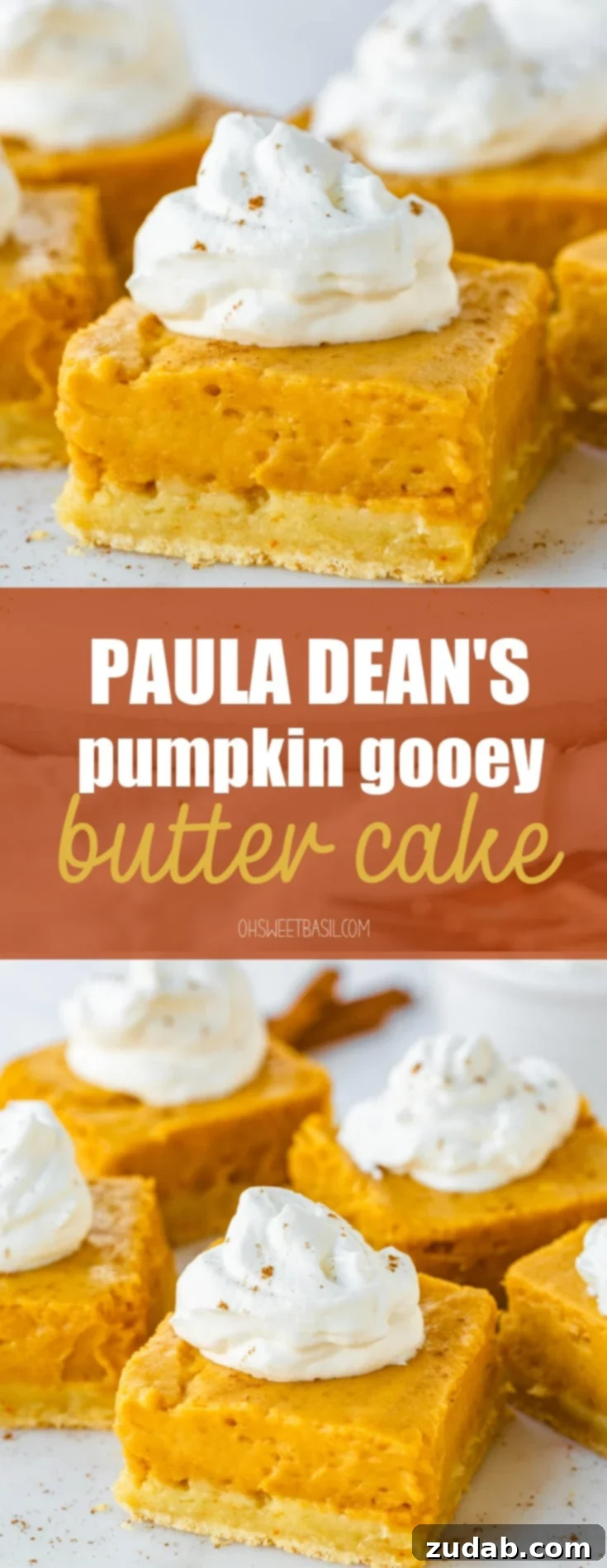 Paula Deen's Famous Pumpkin Gooey Butter Cake 3 Several pieces of pumpkin butter cake, cut into squares, topped with whipped cream and cinnamon, presented beautifully.