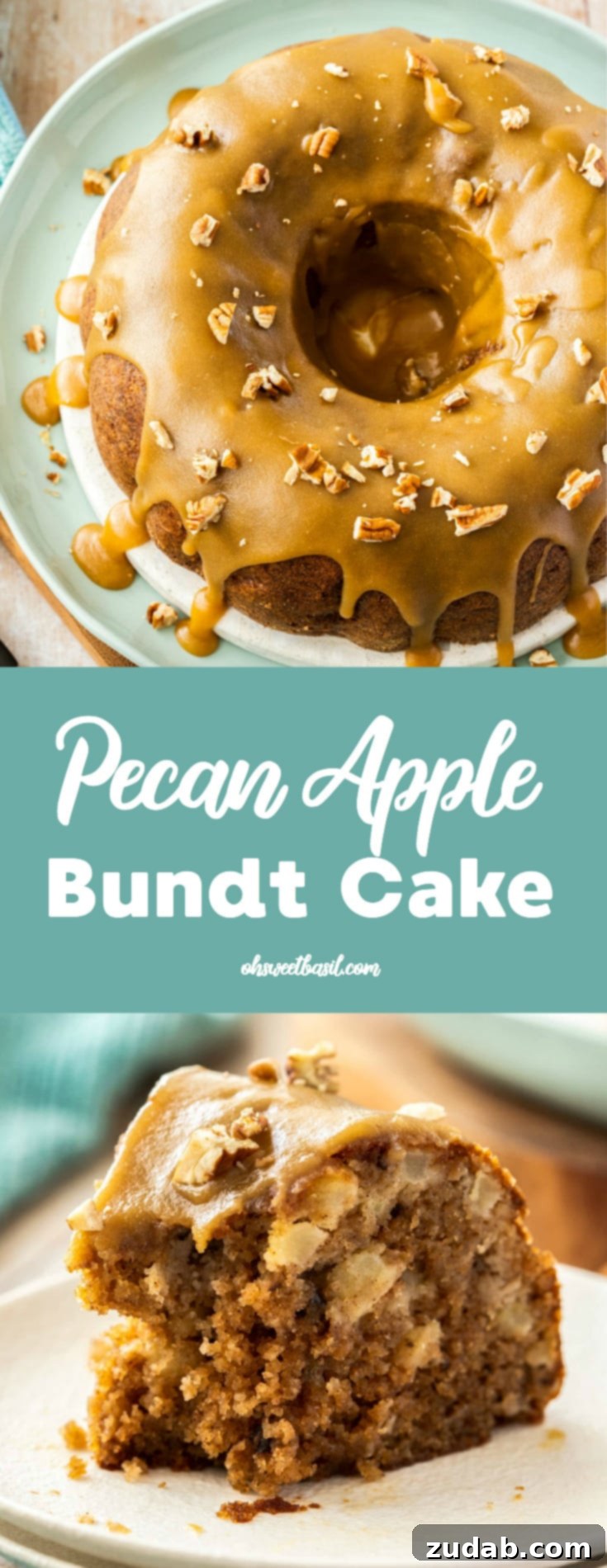 Spiced Apple Pecan Bundt 9 A bundt cake with caramel icing dripping down it, on a white and green platter. It sits on a wooden board