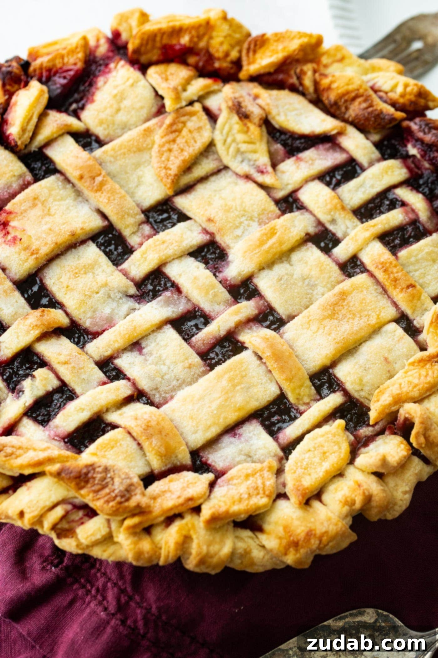 Blackberry Marionberry Pie Perfection 3 A close-up shot of a lattice-topped Marionberry pie, featuring a golden-brown crust and juicy berry filling peeking through.