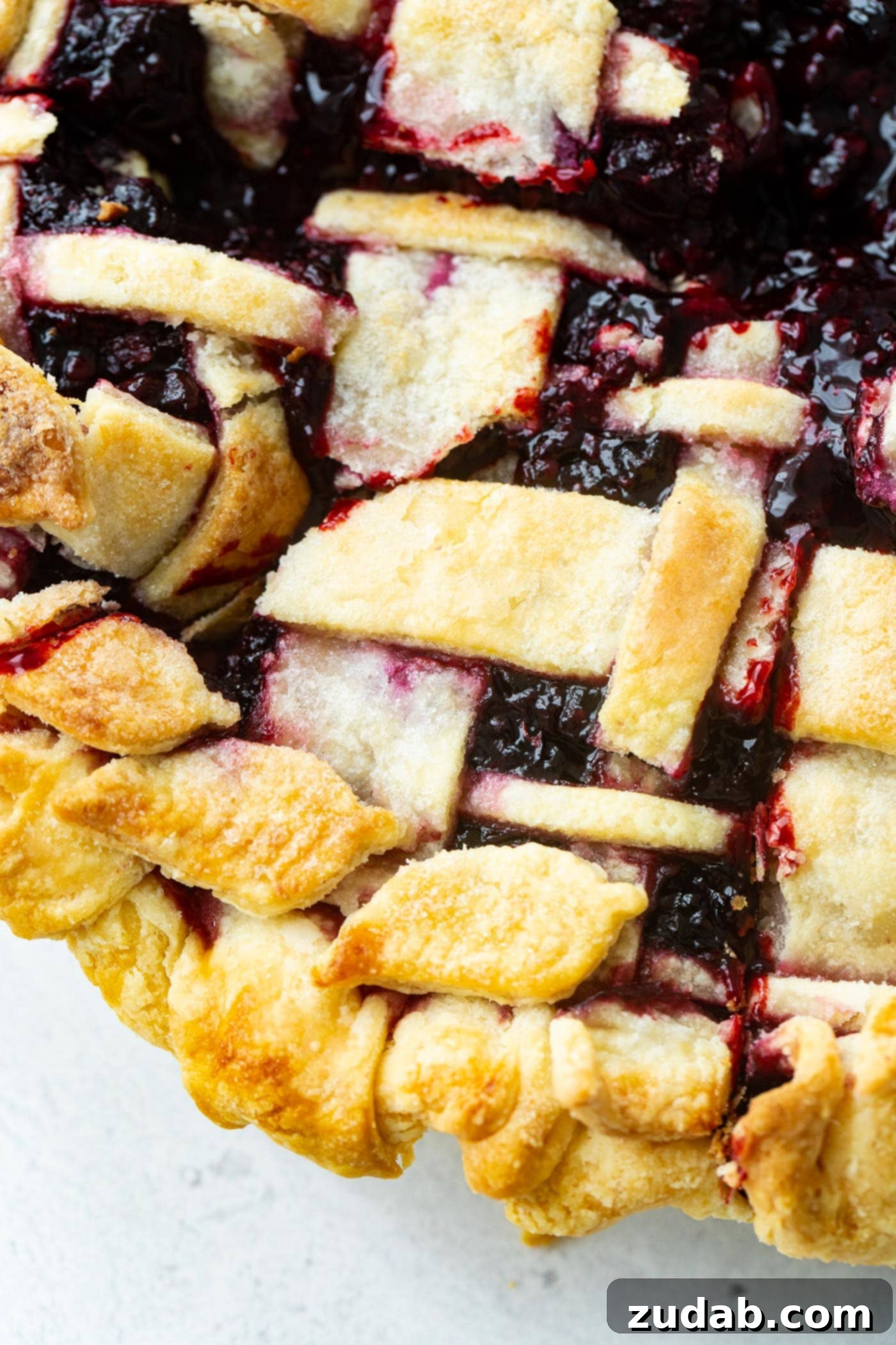 Blackberry Marionberry Pie Perfection 4 Another beautiful perspective of a lattice-topped Marionberry pie, showcasing the intricate crust design and the vibrant berry color.