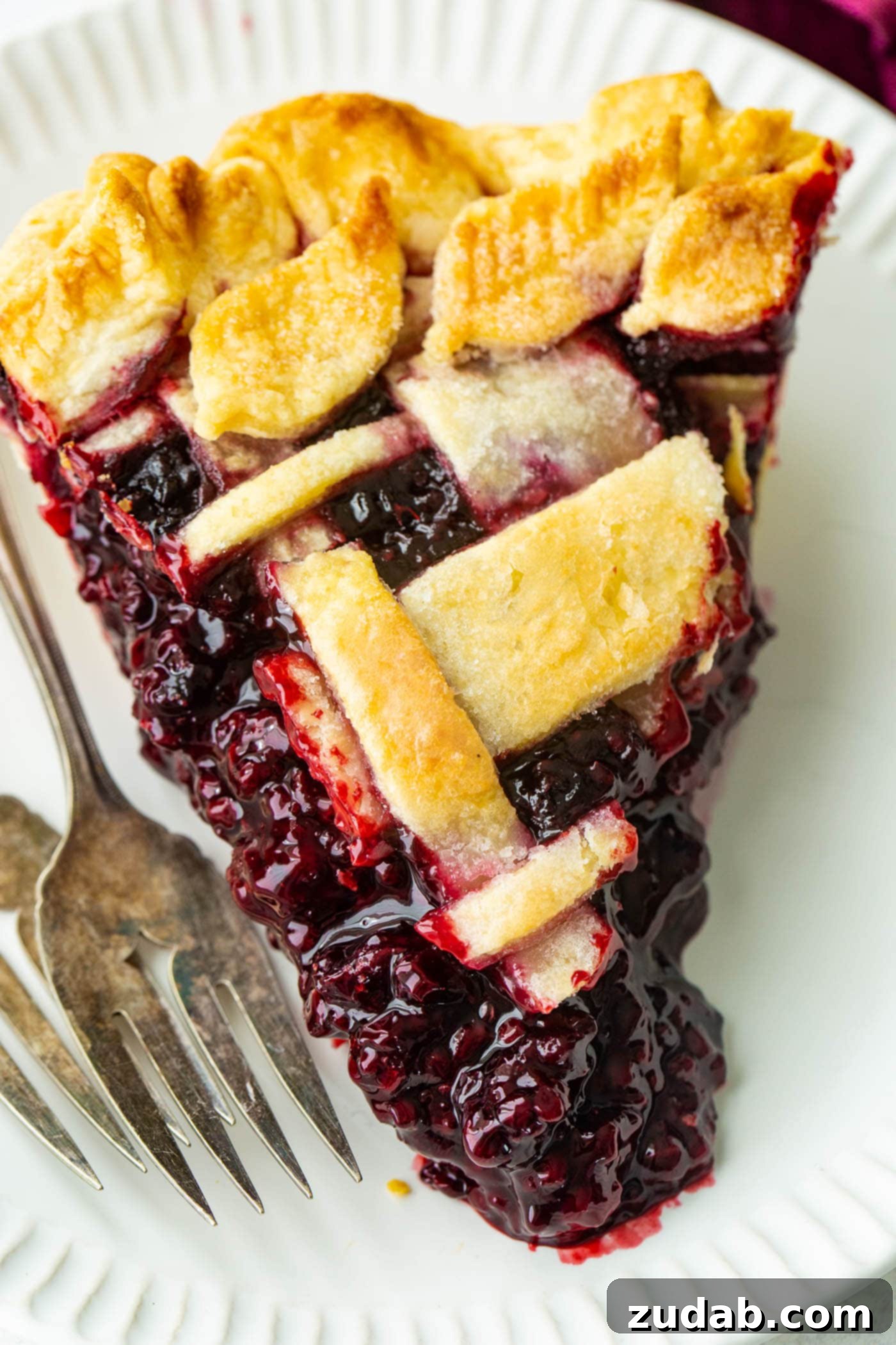 Blackberry Marionberry Pie Perfection 6 A pristine slice of Marionberry pie, showcasing its rich purple filling and flaky crust, ready to be enjoyed with two forks.