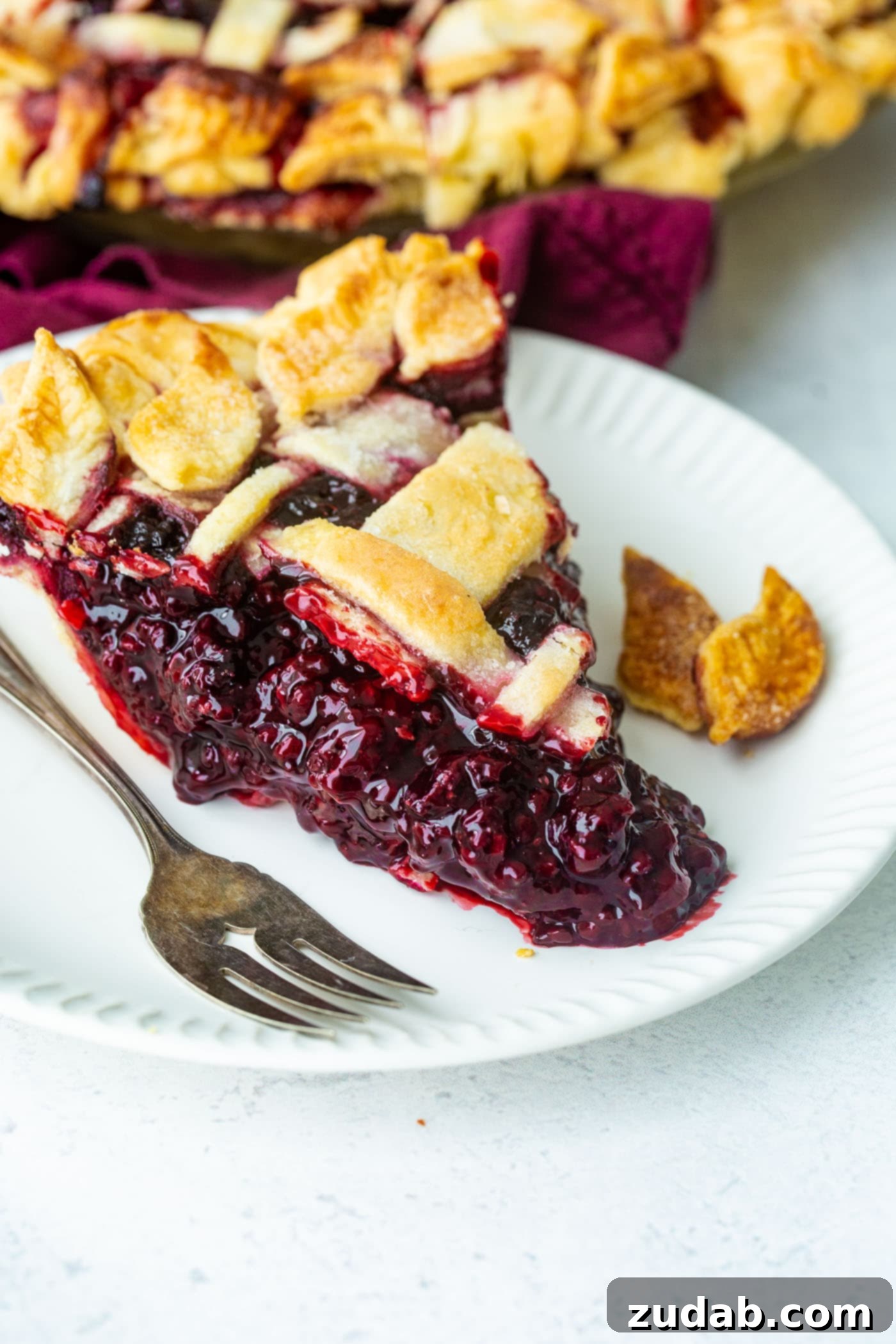 Blackberry Marionberry Pie Perfection 7 A close-up of a slice of Marionberry pie on a white plate, highlighting the rich filling and the tender, flaky crust.