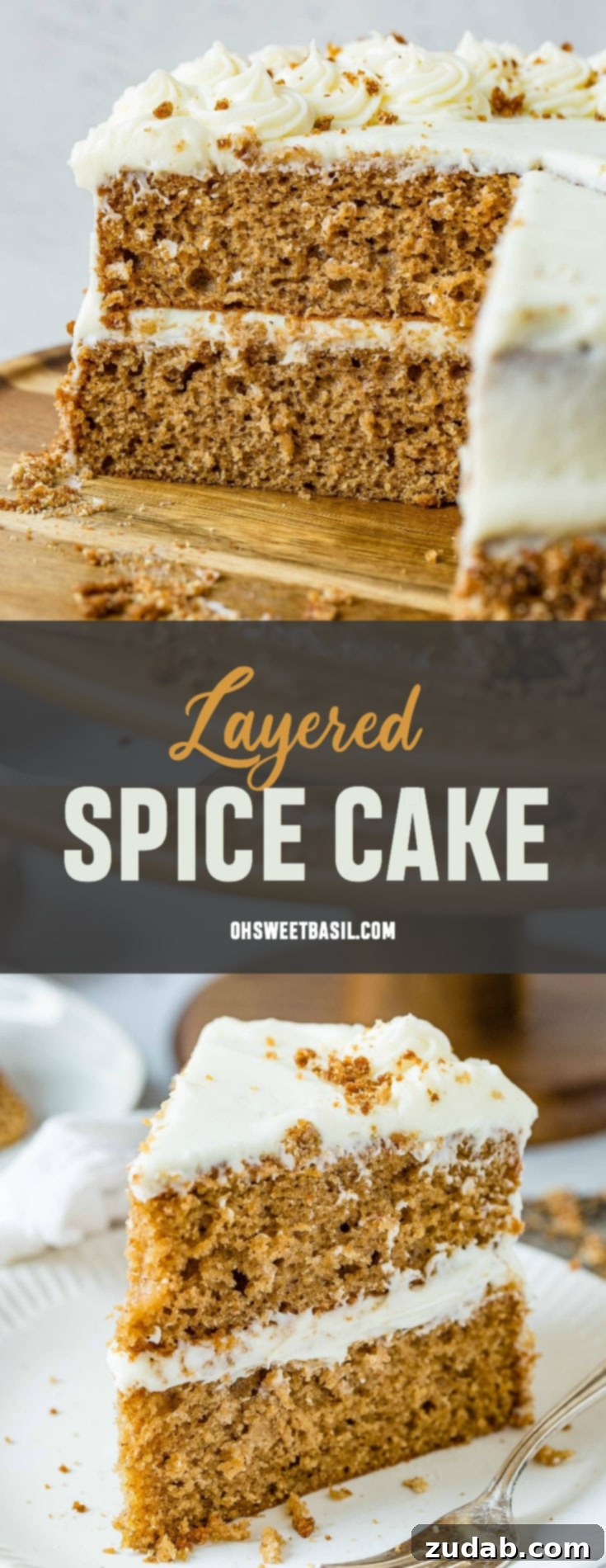 The Ultimate Layered Spice Cake 3 A two-layer spice cake with a generous layer of cream cheese frosting between the layers and on top. A slice has been neatly cut out, revealing the moist interior.