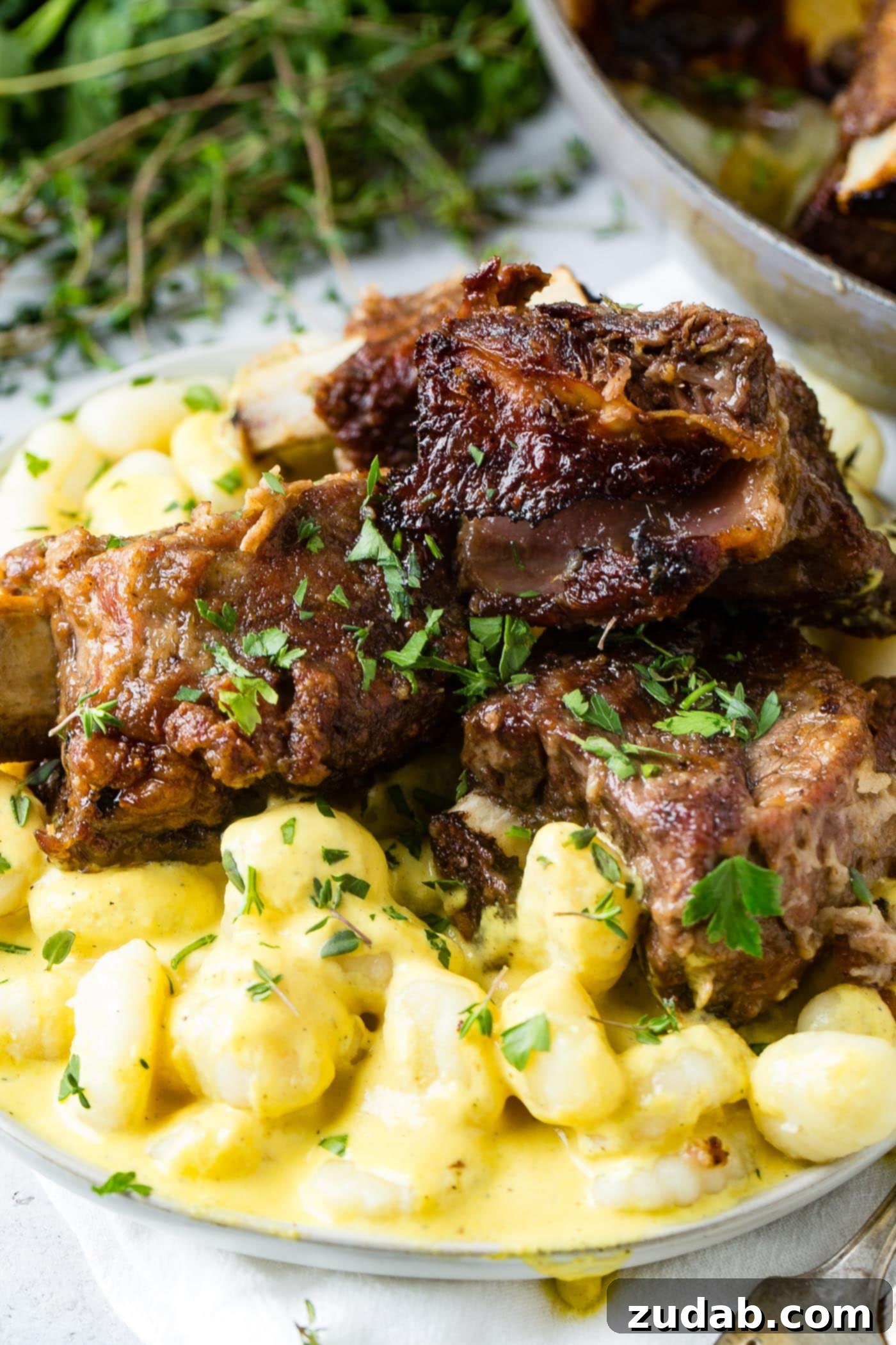 Braised Beef Short Ribs with Charred Pepper Cream Gnocchi A photo of succulent oven braised short ribs artfully arranged on a bed of creamy charred pepper gnocchi, garnished with fresh herbs.