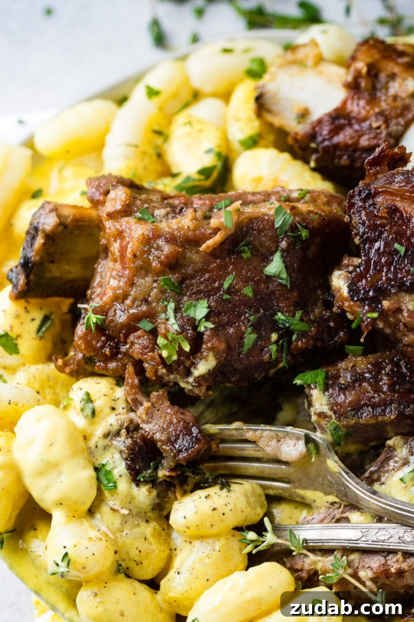 Beef Short Ribs with Charred Pepper Cream Gnocchi A close-up of tender oven braised short ribs resting atop a generous serving of creamy charred pepper gnocchi, with a fork gently lifting a bite.