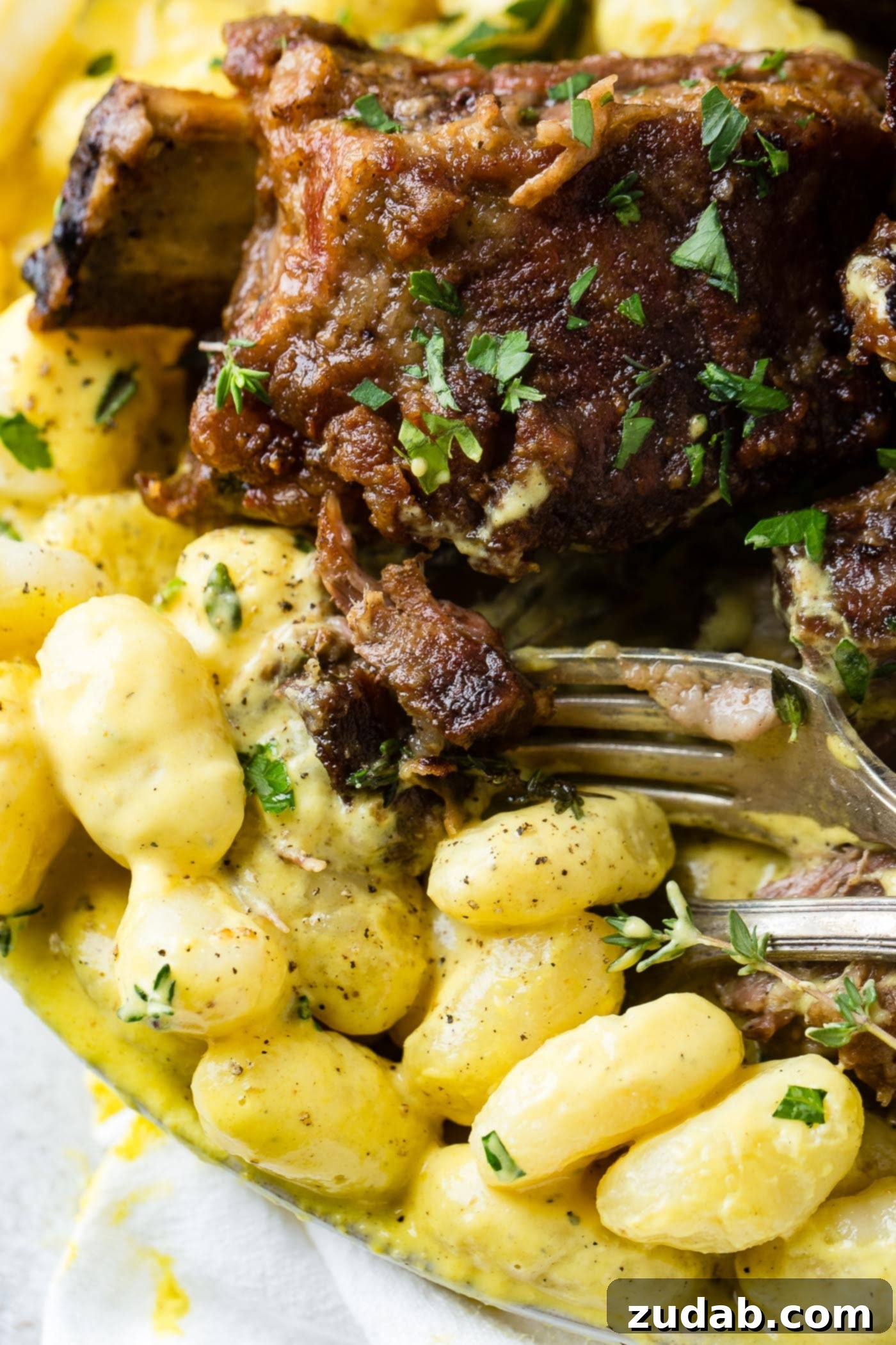 Beef Ribs with Charred Pepper Cream Sauce Gnocchi A delectable portion of braised beef short ribs on a bed of luscious charred pepper cream gnocchi, ready to be enjoyed.